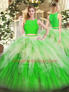 Excellent Multi-color Sleeveless Floor Length Lace and Ruffles Zipper Quince Ball Gowns