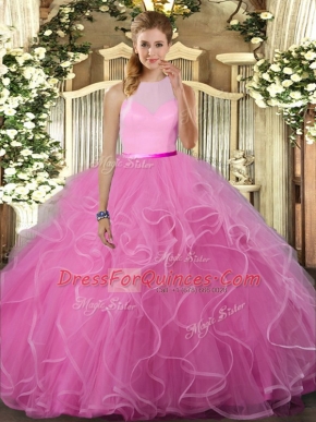 Ruffles Quinceanera Gown Rose Pink Backless Sleeveless Floor Length