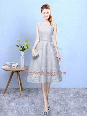 Spectacular Grey Zipper Scoop Lace Dama Dress for Quinceanera Lace Sleeveless