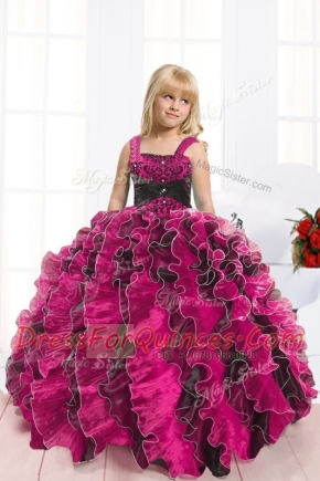 Organza Sleeveless Floor Length Pageant Gowns For Girls and Beading and Ruffles