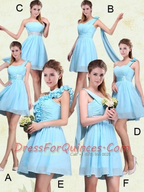 2015 Ruching Chiffon Aqua Blue Dama Dresses with Mini Length