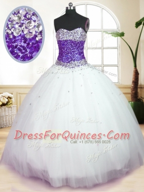 Modern White And Purple Tulle Lace Up Sweetheart Sleeveless Floor Length 15 Quinceanera Dress Beading