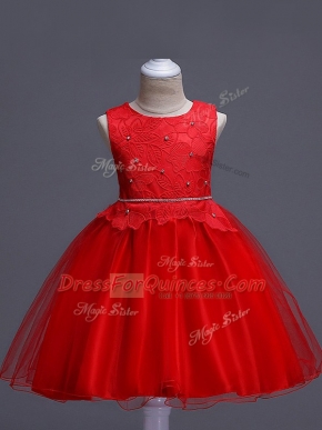 Knee Length Ball Gowns Sleeveless Red Little Girl Pageant Gowns Zipper