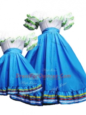Sophisticated Floor Length Baby Blue Quinceanera Gowns Taffeta Short Sleeves Pick Ups