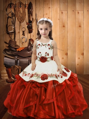Lovely Sleeveless Organza Floor Length Lace Up Little Girls Pageant Dress in Red with Ruffles