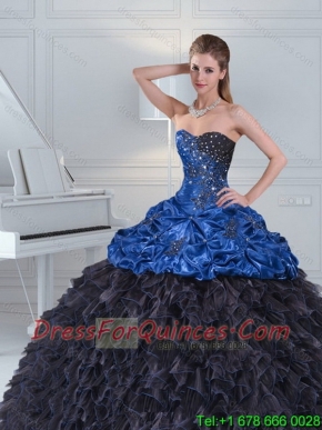 2015 Modest Beading and Pick Ups Blue and Black Sweetheart Cheap Quince Dresses