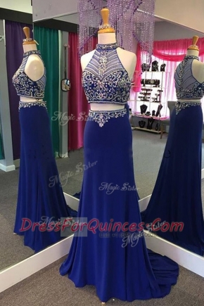Classical Royal Blue Sleeveless With Train Beading Zipper Prom Dresses