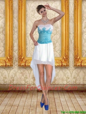 White Sweetheart High Low 2015 Sexy Prom Dresses with Blue Embroidery