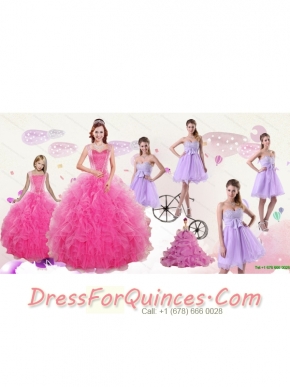 Popular Beading and Ruffles Quinceanera Dress and Bownot and Beading Short Dama Dresses and Pink Floor Length Little Girl Dress