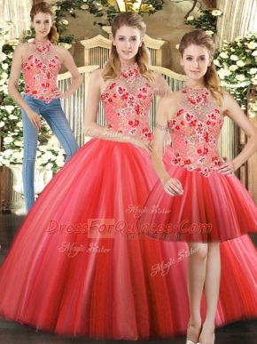 Three Pieces Quinceanera Dresses Red Halter Top Tulle Sleeveless Floor Length Lace Up