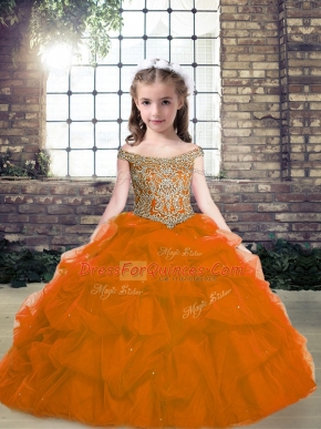 Cute Orange Red Lace Up Off The Shoulder Beading Little Girls Pageant Dress Wholesale Organza Sleeveless