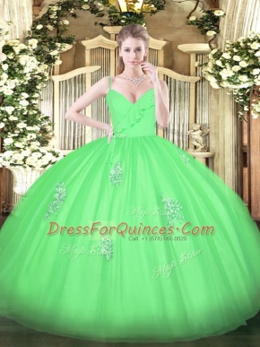 Best Spaghetti Straps Sleeveless Sweet 16 Dress Floor Length Appliques Green Tulle