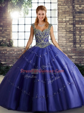 Purple Ball Gowns Straps Sleeveless Tulle Floor Length Lace Up Beading and Appliques Sweet 16 Dresses