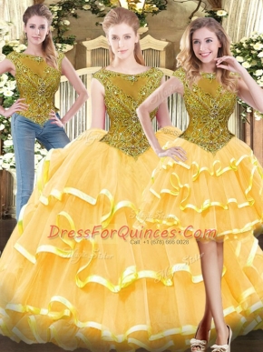 Super Floor Length Zipper Quinceanera Dresses Gold for Military Ball and Sweet 16 and Quinceanera with Beading and Ruffled Layers