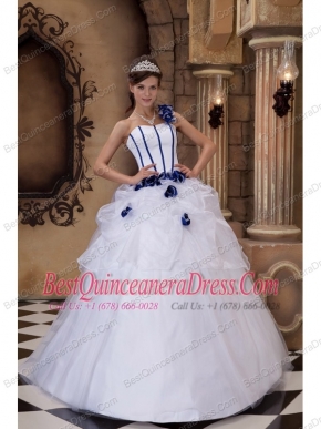 White Ball Gown One Shoulder Floor-length Satin and Tulle Hand Flowers Quinceanera Dress