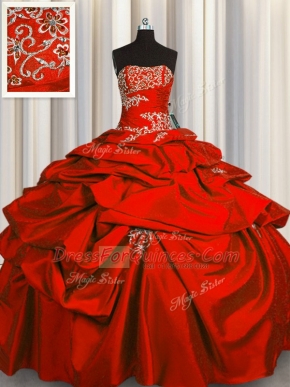 Clearance Red Ball Gowns Strapless Sleeveless Taffeta Floor Length Lace Up Appliques and Pick Ups 15th Birthday Dress