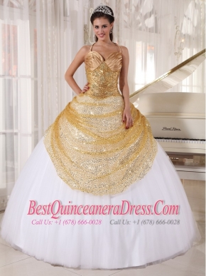 Champagne and White Ball Gown Halter Floor-length Tulle   and Sequin Appliques Quinceanera Dress