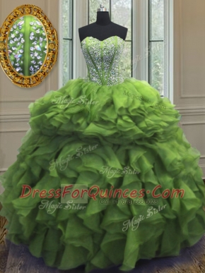 Fine Green Organza Lace Up Quinceanera Dresses Sleeveless Floor Length Beading and Ruffles