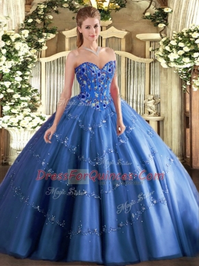 On Sale Ball Gowns 15th Birthday Dress Blue Sweetheart Tulle Sleeveless Floor Length Lace Up