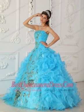 Aqua Blue  Ball Gown Strapless Floor-length Embroidery Sweet 16  Dress