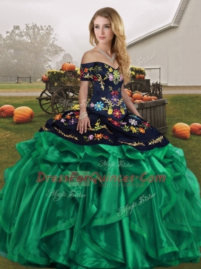 Flare Green Sleeveless Floor Length Embroidery and Ruffles Lace Up Ball Gown Prom Dress