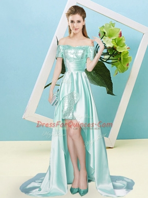 Deluxe High Low Empire Short Sleeves Apple Green Prom Dresses Lace Up