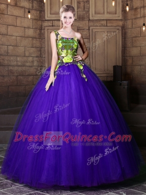 Best Blue Lace Up One Shoulder Pattern Quinceanera Dresses Tulle Sleeveless