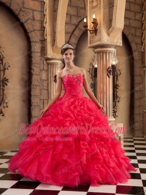 Red Ball Gown Sweetheart Floor-length Organza Ruffles Quinceanera Dress