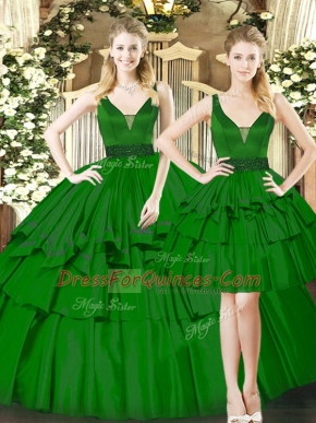 Customized Floor Length Dark Green 15th Birthday Dress Straps Sleeveless Lace Up