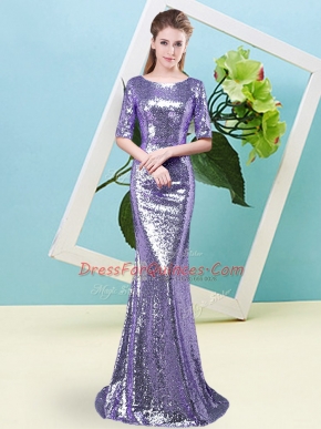 Adorable Lavender Sequined Zipper Prom Dress Half Sleeves Floor Length Sequins