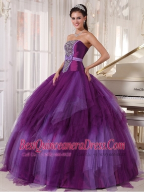 Purple Ball Gown Strapless Floor-length Tulle Beading Quinceanera Dress