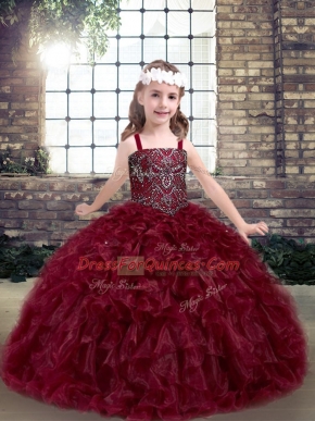 Burgundy Ball Gowns Beading and Ruffles Pageant Gowns For Girls Lace Up Organza Sleeveless Floor Length