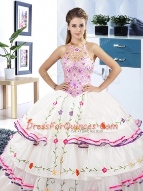 Halter Top Floor Length Lace Up Vestidos de Quinceanera White for Military Ball and Sweet 16 and Quinceanera with Embroidery and Ruffled Layers