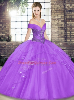 Nice Sleeveless Tulle Floor Length Lace Up 15 Quinceanera Dress in Lavender with Beading and Ruffles