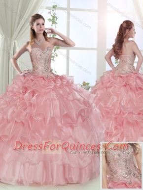Modest Beaded and Ruffled Layered Baby Pink Sweet 15 Quinceanera  Dress with Brush Train