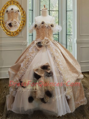 Gorgeous Off the Shoulder Floor Length Zipper Sweet 16 Quinceanera Dress Champagne for Military Ball and Sweet 16 and Quinceanera with Lace and Ruffles and Hand Made Flower