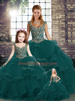 Flare Peacock Green Sleeveless Floor Length Beading and Ruffles Lace Up Sweet 16 Dresses