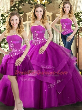 New Arrival Ball Gowns Quinceanera Gowns Fuchsia Strapless Tulle Sleeveless Floor Length Lace Up