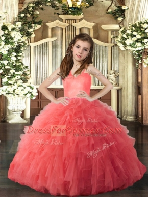 Coral Red Straps Lace Up Ruffles Little Girl Pageant Gowns Sleeveless