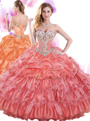 Sleeveless Organza Floor Length Lace Up Sweet 16 Quinceanera Dress in Watermelon Red with Beading and Ruffled Layers and Pick Ups