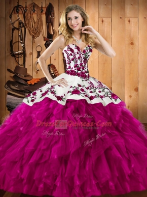 Embroidery and Ruffles Quinceanera Dresses Fuchsia Lace Up Sleeveless Floor Length