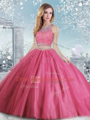 Simple Hot Pink Tulle Clasp Handle Quince Ball Gowns Sleeveless Floor Length Beading and Sequins