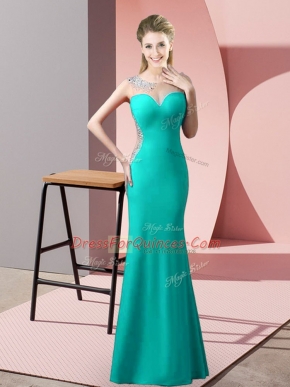 Satin Scoop Sleeveless Zipper Beading Evening Dress in Turquoise