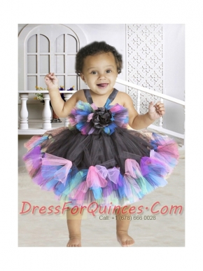 2014 Short Knee-length Hand Made Flowers Multi-color Little Girl Dress with Straps