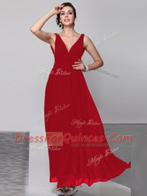 Excellent Floor Length Backless Wine Red for Prom and Party with Beading