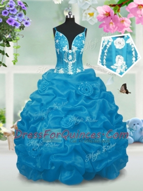 Fancy Baby Blue Ball Gowns V-neck Sleeveless Taffeta Floor Length Lace Up Beading and Pick Ups Flower Girl Dresses