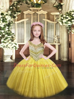 Gold Scoop Neckline Beading Glitz Pageant Dress Sleeveless Lace Up
