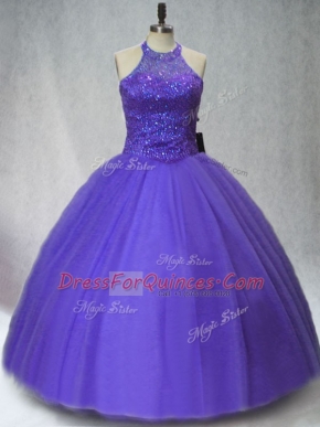 Floor Length Purple 15 Quinceanera Dress Tulle Sleeveless Beading