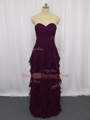 Dark Purple Chiffon Zipper Sweetheart Sleeveless Floor Length Prom Dresses Ruffled Layers and Ruching
