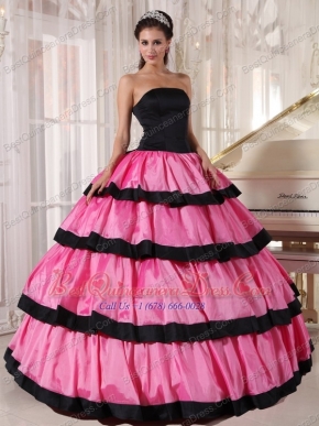 Rose Pink and Black Ball Gown Strapless Floor-length Taffeta Quinceanera Dress